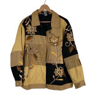 Indigo Moon Womens Jacket 1X Black Yellow Art To Wear Button Front Long‎ Sleeve